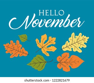 November word. Hand lettering typography with autumn leaves. Vector illustration as poster, postcard, greeting card, invitation template. Concept November advertising
