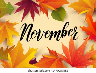 November word. Hand lettering typography with autumn leaves. Vector illustration as poster, postcard, greeting card, invitation template. Concept November advertising