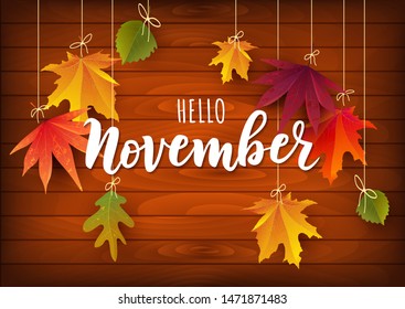 November word. Hand lettering typography with autumn leaves. Vector illustration as poster, postcard, greeting card, invitation template. Concept November advertising