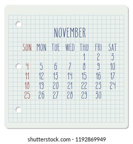 November year 2018 vector calendar on a chequered notebook page. Week starting from Sunday. Hand written typography.