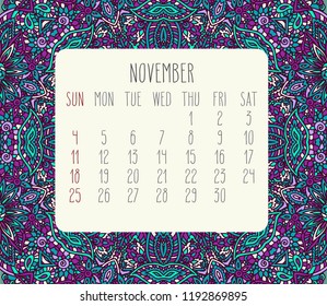 November year 2018 vector month calendar over lacy doodle hand drawn teal and purple background, week starting from Sunday.