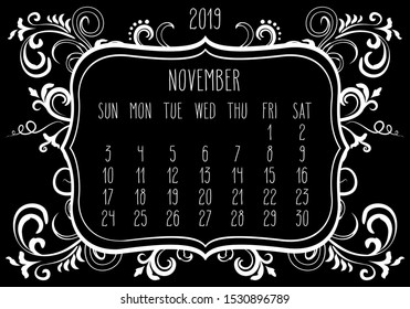 November year 2019 plain contemporary vector monthly calendar. Week starting from Sunday. Ornate elegant frame design in white over black background.