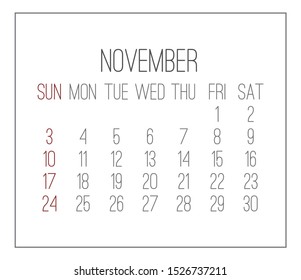 November year 2019 vector monthly calendar. Week starting from Sunday. Plain white contemporary design.