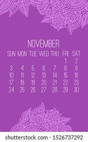 November year 2019 vector monthly calendar over lacy doodle ornate hand drawn purple background, week starting from Sunday.