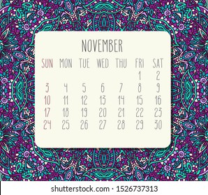November year 2019 vector monthly calendar over teal and purple doodle ornate hand drawn background, week starting from Sunday.