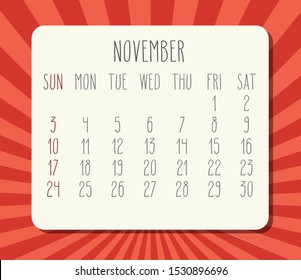 November year 2019 vector monthly calendar. Week starting from Sunday. Bright orange and red rays of light background.