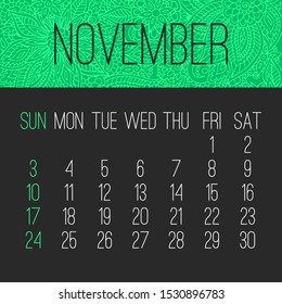 November year 2019 vector monthly calendar over doodle ornate hand drawn florals, week starting from Sunday. Bright green and black design.