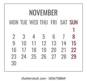 November year 2020 vector monthly plain minimalistic white calendar. Week starting from Monday.