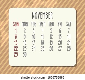 November year 2020 vector monthly calendar. Week starting from Sunday. Vintage brown stripes distressed design.