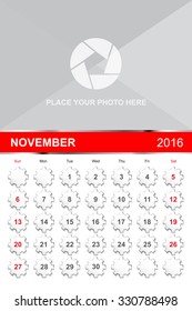 November.Calendar for 2016 Year. Vector Gears Design Print Template