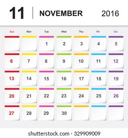 November.Calendar for 2016 Year. Vector Sticks note paper  Design Print Template