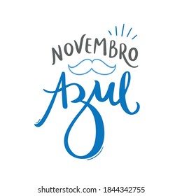 Novembro Azul. Blauer November. Brasilianisches Portugiesisches Handschrift für Prostatakrebs-Prävention Monat mit Schnurrbart. Vektorgrafik.