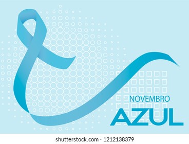 Novembro Azul is blue November in Portuguse. Blue ribbon vector. Prostate cancer awareness month ribbon on geometric background.