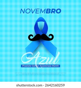 Novembro Azul Campaign Banner with Ribbon on Blue Background. Template for card, poster template