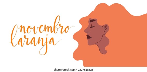 Novembro Laranja translation from portuguese November Orange, Brazil campaign for tinnitus awareness. Latina woman with orange hair illustration vector template