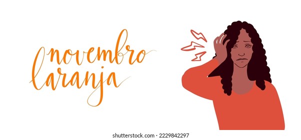 Novembro Laranja translation from portuguese November Orange, Brazil campaign for tinnitus awareness. Latina woman holding to her ear illustration vector isolated