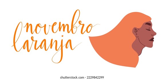 Novembro Laranja translation from portuguese November Orange, Brazil campaign for tinnitus awareness. Latina woman with orange hair illustration vector template