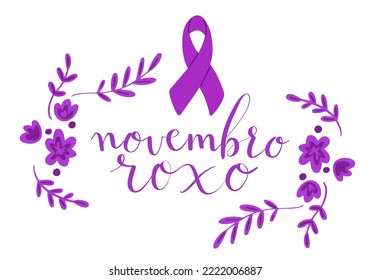 Traducción de Novembro Roxo del portugués Noviembre Púrpura, Brasil, campaña para apoyo a niños prematuros. Caligrafía manuscrita y arte vectorial de la cinta de sensibilización