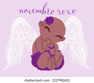 Novembro Roxo translation from portuguese November Purple, Brazil campaign for preterm infants awareness. Handwritten calligraphy and cute baby with angel wings vector art