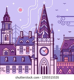 Novi Sad cityscape with famous landmarks Mary church, City Hall and Old Town buildings. Serbian province Vojvodina main city vector illustration in line art. Europe capital of culture 2021.