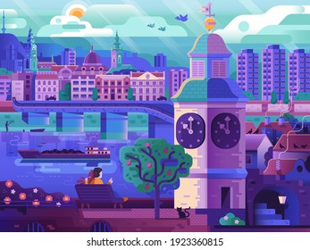 Novi Sad cityscape with famous landmarks such as Clock Tower, Petrovaradin fortress, Danube embankment, Mary church and Old Town buildings. Serbian province Vojvodina Novi Sad city skyline poster.