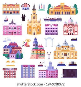 Novi Sad landmarks icons with popular places, buildings and monuments. Including synagogue, Bishop palace and Mary Church. Abstract old Europe town constructor or city travel map creator kit in flat.