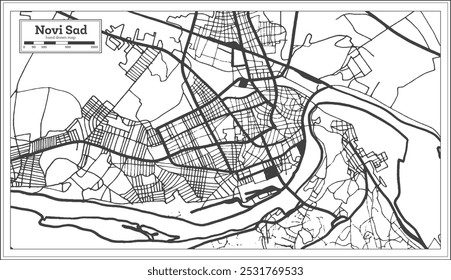 Mapa de la ciudad de Novi Sad Serbia en color blanco y negro en estilo retro. Mapa de esquema. Ilustración vectorial.