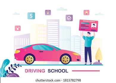 Novice driver holds driving license. Male character stands near new automobile. Man passed driving test and got license. Concept of driving school and learning to drive.Trendy flat vector illustration