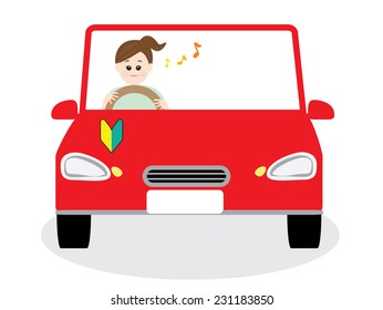 A novice female driver driving happily, vector illustration