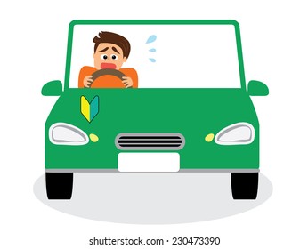 A Novice Male Driver Scared Of Driving, Vector Illustration 