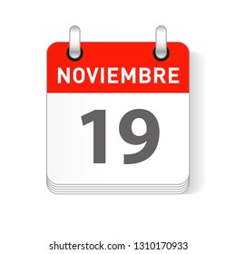 Noviembre 19, November 19 date visible on a page a day organizer calendar in spanish Language