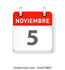 Noviembre 5, November 5 date visible on a page a day organizer calendar in spanish Language