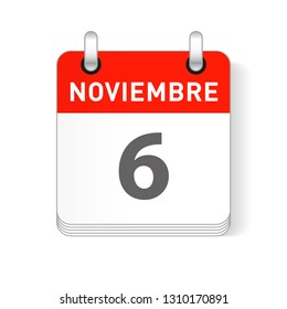 Noviembre 6, November 6 date visible on a page a day organizer calendar in spanish Language