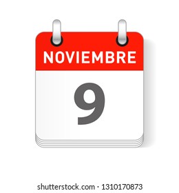 Noviembre 9, November 9 date visible on a page a day organizer calendar in spanish Language