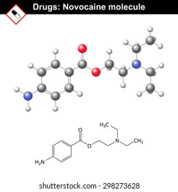Novocaine molecule - anesthetic agent, structural chemical formula and model, ball and stick style, 2d and 3d vector, eps 8