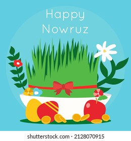 Novruz celebration with grass and decoration in the form of candles, coins and colorful eggs
