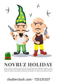 Novruz holiday ganster cartoon danger emotion characters Kosa and Kechel vector banner design. Semeni with red gold ribbon icon Nowruz, nevruz, nooruz