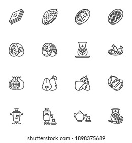Novruz holiday line icons set, outline vector symbol collection, linear style pictogram pack. Signs, logo illustration. Set includes icons as baklava, shekerbura, gogal, walnuts, fruits, sweet food