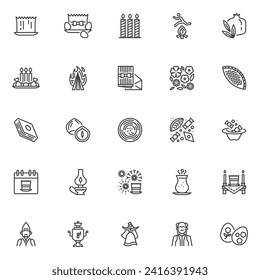 Novruz holiday line icons set. linear style symbols collection, outline signs pack. Azerbaijan holiday novruz vector graphics. Set includes icons as semeni, shekerbura, pakhlava, khoncha tray, bonfire svg