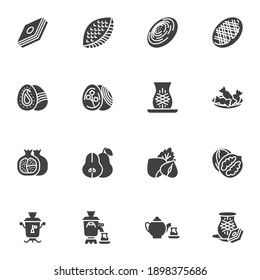 Novruz holiday vector icons set, modern solid symbol collection, filled style pictogram pack. Signs, logo illustration. Set includes icons as baklava, shekerbura, gogal, walnuts, fruits, sweet food