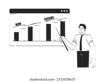 Agora o conceito de ilustração de linha de doodle de previsão de negócios futuros. Homem de negócios asiático apresentando gráfico de comparação de crescimento na janela web 2D caractere de contorno isolado. Metáfora monocromática de tinta desenhada à mão