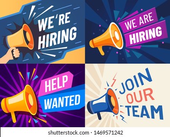 Now hiring banner. We are hiring, join our team and vacancy announcement flyer template. Recruitment companies advertisement, leandership job career vacancy hr offer vector set