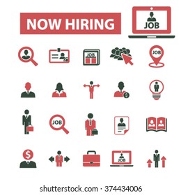 now hiring, career, human resources, job, cv icons set
