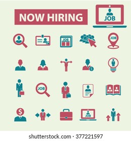now hiring, career, human resources, job, cv icons 