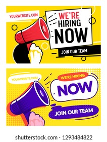 Now Hiring Career Opportunity Banner Set Template. Job Vacancy Promotion Advertising Typography Billboard. Join Creative Company Opportunity. Recruiting Team Hire Employee Poster Vector Illustration