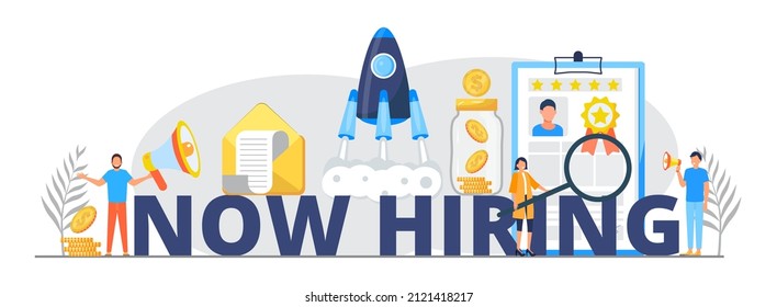 Now hiring, great gob vector illustration. Startup, gob interview online concept with tiny people, big letters. Coins, money, resume are shown. 