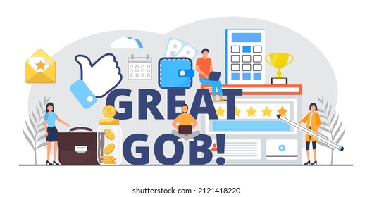 Now hiring, great gob vector illustration. Startup, gob interview online concept with tiny people, big letters. Coins, money, resume are shown. 