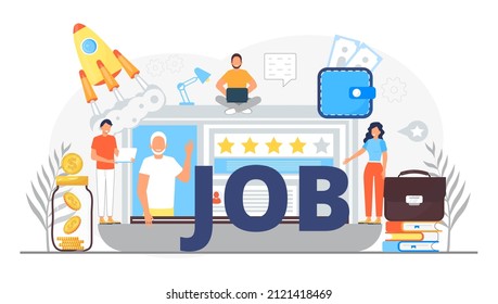 Now hiring, great gob vector illustration. Startup, gob interview online concept with tiny people, big letters. Coins, money, resume are shown. 