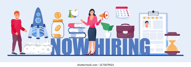 Now hiring, great gob vector illustration. Coins, money, resume are shown. Startup, gob interview online concept with tiny people, big letters. Interview online.