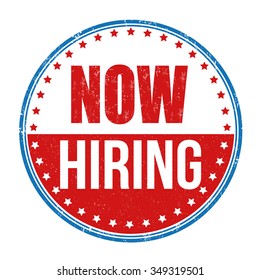 Now hiring grunge rubber stamp on white background, vector illustration